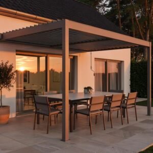 Angebundene bioklimatische Pergola Piana 4x3m aus Aluminium in Taupefarben – Bild 5