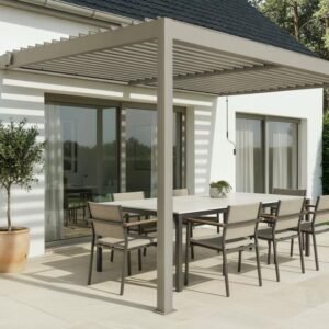 Angebundene bioklimatische Pergola Piana 4x3m aus Aluminium in Taupefarben – Bild 4