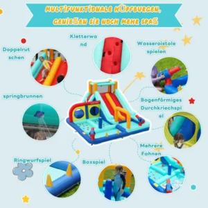 Aufblasbare Burg mit Gebläse, Outdoor-Wasserpark: Doppelrutsche, Kletterwand, Kanone und Wasserfontäne. – Bild 3