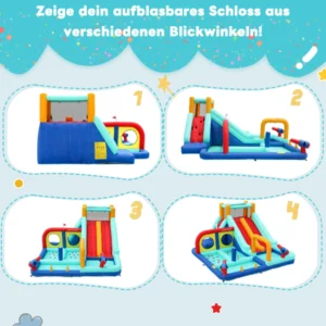 Aufblasbare Burg mit Gebläse, Outdoor-Wasserpark: Doppelrutsche, Kletterwand, Kanone und Wasserfontäne. – Bild 4