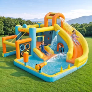 Aufblasbarer Wasserpark für Kinder: Burg, Rutsche und Schwimmbad. Inklusive Gebläse, Maße 405 × 416 × 218 cm, ideal zum Beispiel – Bild 8
