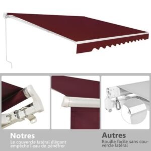 COSTWAY Einziehbare Balkonmarkise 3 x 2,5 m - UV- und wasserbeständiger Stoff, Aluminiumrahmen, Verstellbarer Winkel 5-35°, Weinrot – Bild 4